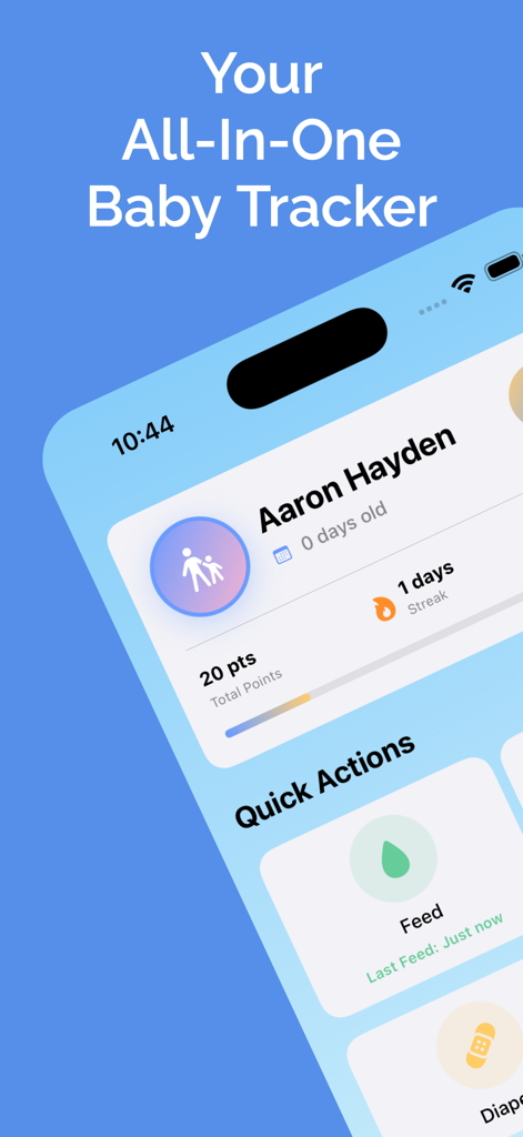 Baby Tracker-Feed & Pump Timer - Interfaccia dell'app Baby Tracker che mostra un profilo del bambino con registrazioni dei pasti e punti progresso gamificati