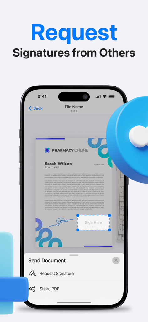 PDF Document Scanner App + - Un smartphone mostrando la función de solicitar firmas de otros en la aplicación PDF Document Scanner