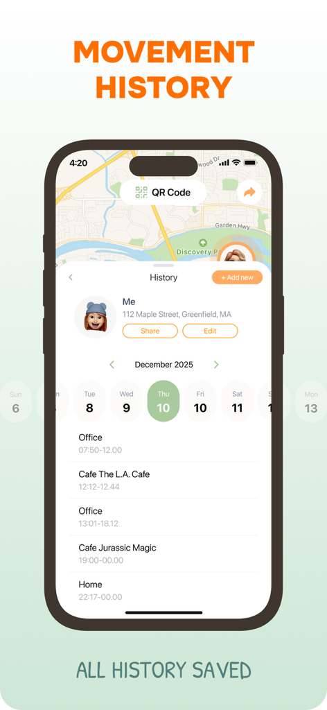 Find Location 앱에서 방문한 장소 및 타임스탬프의 타임라인이 있는 이동 기록 기능을 보여주는 iPhone 화면.
