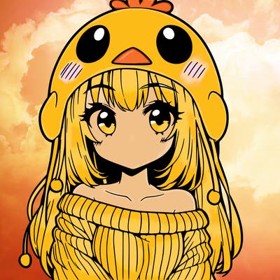 anime girl with chick shaped hat with sweater with bare shoulders with bangs covering them one eye with low tail