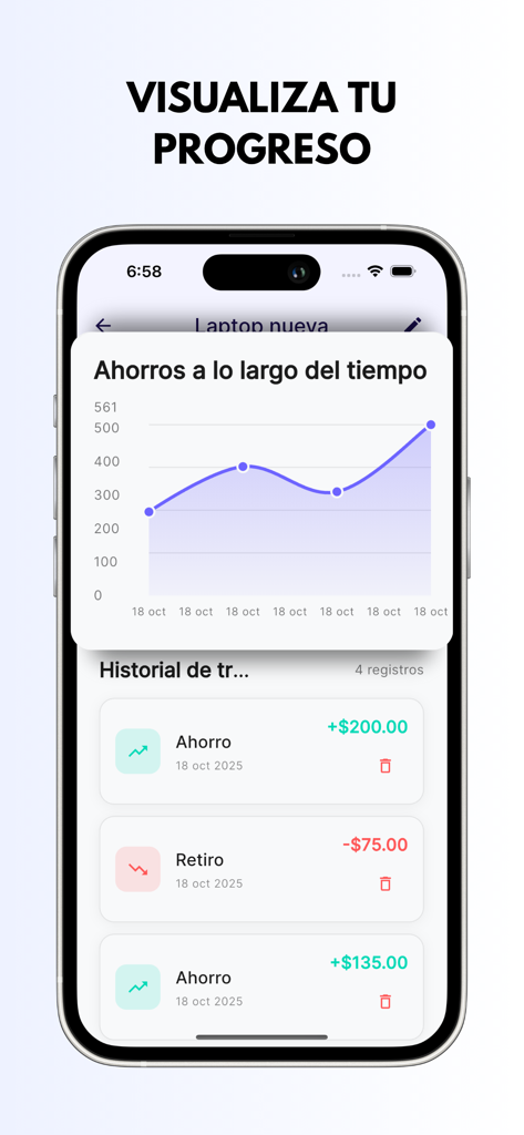 Objetivo de Ahorro - Pantalla de la aplicación móvil que muestra un gráfico de progreso de ahorro e historial de transacciones