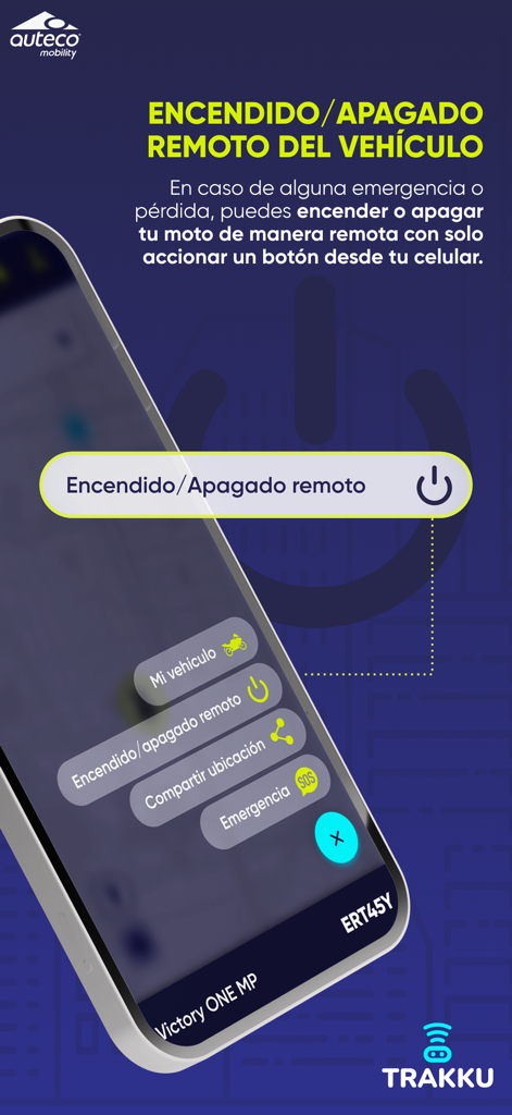 Auteco Trakku. - Mobile interface of Auteco Trakku app showing remote motorcycle ignition control and emergency SOS features