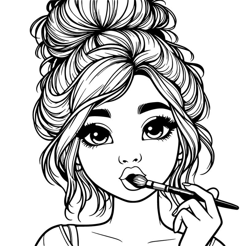 realistic girl with messy bun holding a paint brush in her mouth