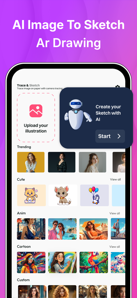 App screen showing AR drawing and AI sketch features with categories like trending and anime.