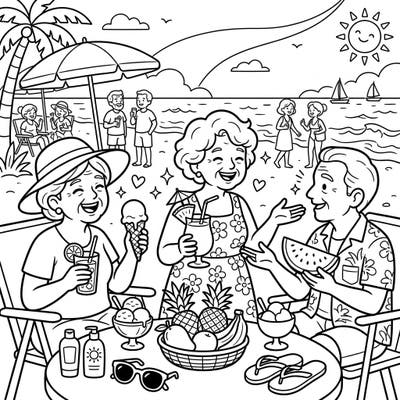 Join these joyful elderly friends as they make happy memories on a sunny summer beach vacation. This heartwarming coloring page captures the essence of companionship and relaxation by the sea.