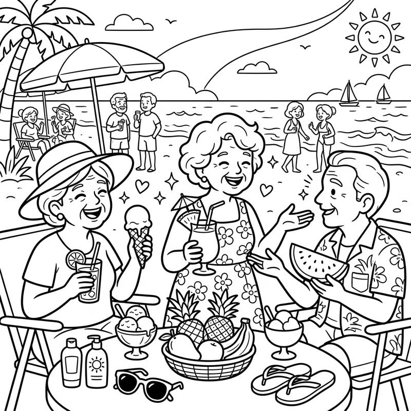 Join these joyful elderly friends as they make happy memories on a sunny summer beach vacation. This heartwarming coloring page captures the essence of companionship and relaxation by the sea.
