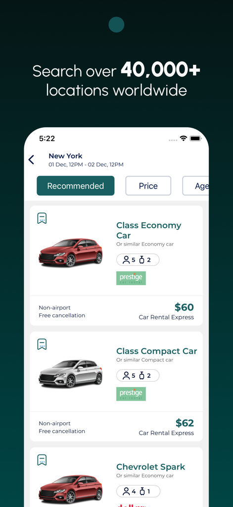Rental cars app - Interfaccia di un'app mobile che mostra le opzioni di noleggio auto a New York con prezzi e dettagli dell'auto