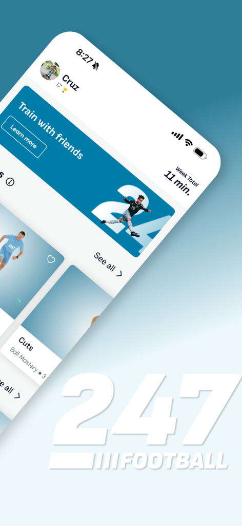 247 Football: Soccer Academy - 247 Football app interface showing soccer training drills and player statistics