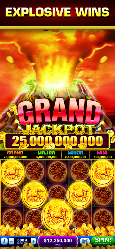 噴火する火山と250億のグランドジャックポットの発表、そして金の戦車のシンボルを示すSuper Vegas Slotsのゲーム画面