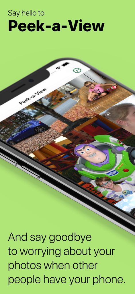 Peek-a-View - iPhone displaying the Peek-a-View app interface with a read-only photo gallery of family memories on a green background.