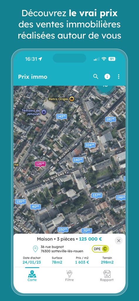 Prix Immo - Vente immobilière - Satellite map view of the Prix Immo app showing property sales prices and transaction details in France