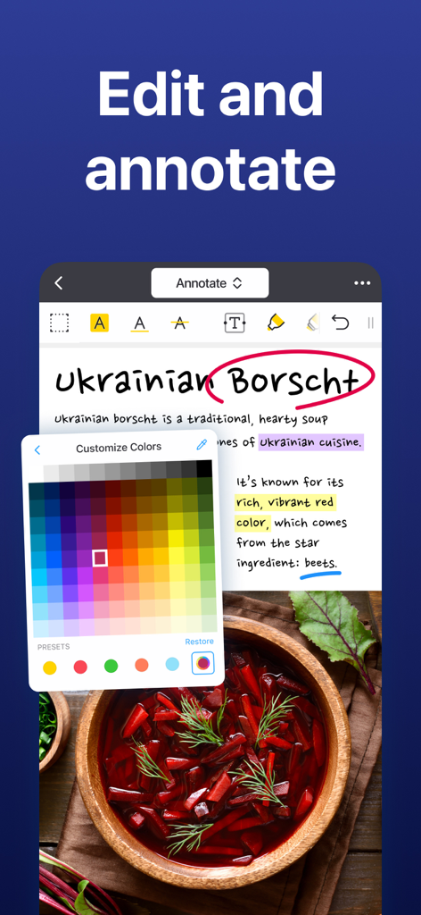 Screenshot of the Documents app showing PDF annotation tools with text highlighting and a color picker over a document.
