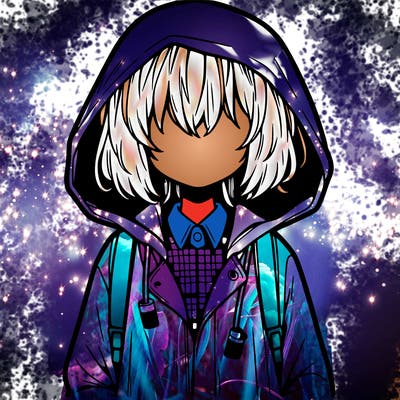 little anime girl in a raincoat her hair is covering her eyes she has a lighter