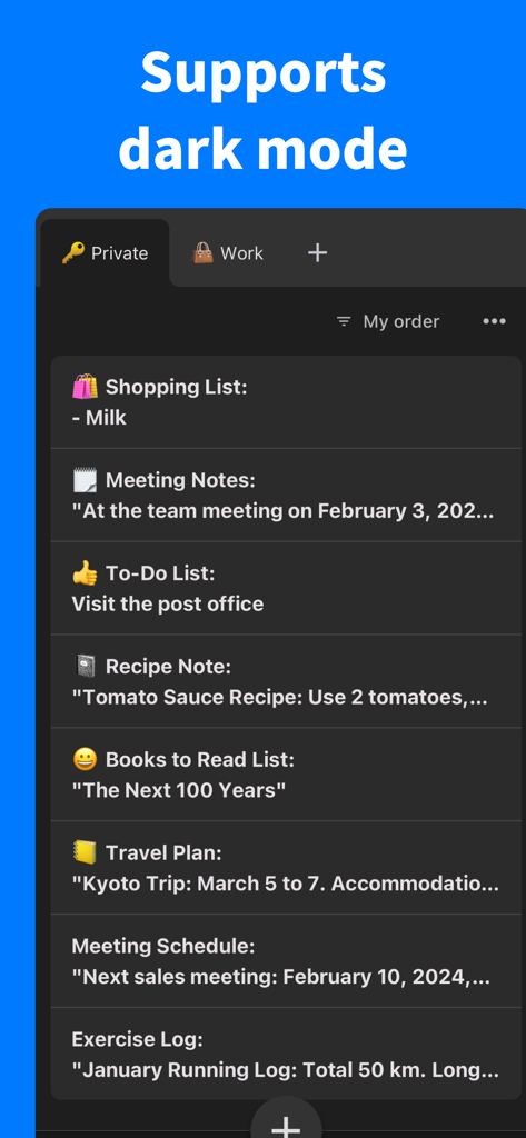 Simple Notes - Take notes - Screenshot of Simple Notes app displaying its dark mode interface with organized tabs for private and work notes
