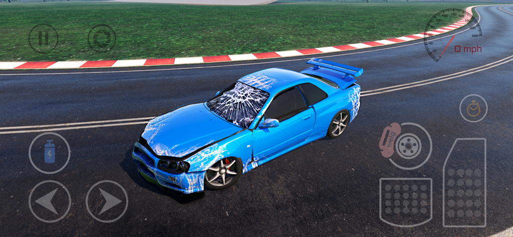 A blue sports car with a shattered windshield and front end damage on a race track in a car crash simulator