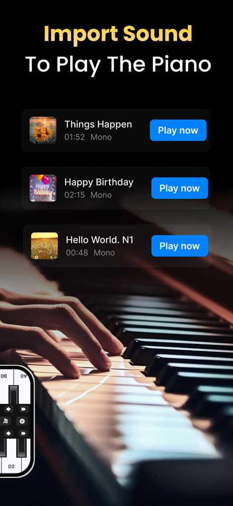 Piano Keyboard: Learn Piano - 仮想ピアノで演奏するためにインポートできる曲のリストを表示するピアノキーボードアプリのインターフェース。