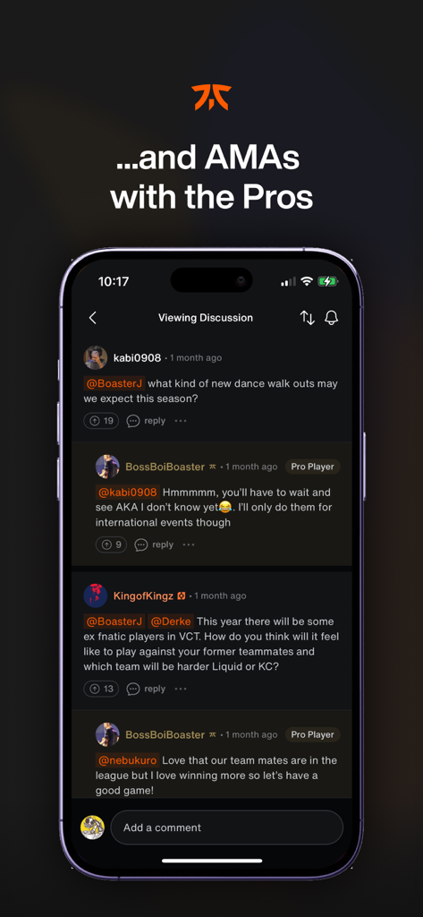 Pantalla oficial de la aplicación Fnatic que muestra una discusión comunitaria de AMA con jugadores profesionales de esports