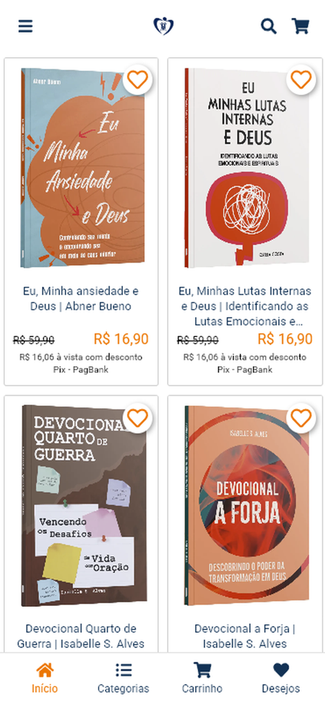Interface do aplicativo móvel Livrarias Familia Crista mostrando uma seleção de livros cristãos e devocionais com preços com desconto.