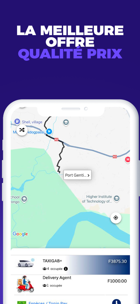Intrav - Screenshot dell'app mobile Intrav che mostra una mappa, un percorso di navigazione e opzioni di prenotazione della corsa con prezzi.