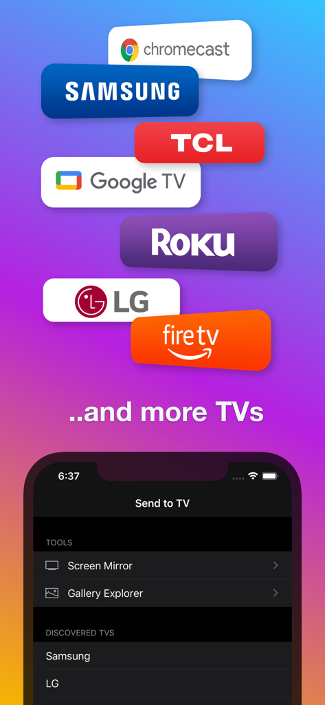 Send to TV app interface showing compatibility with Samsung LG Roku and Chromecast for screen mirroring