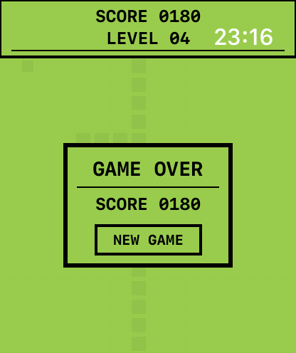 Snake Classic Watch - Snake Classic Watch game over screen showing final score and new game button on a retro pixelated green interface
