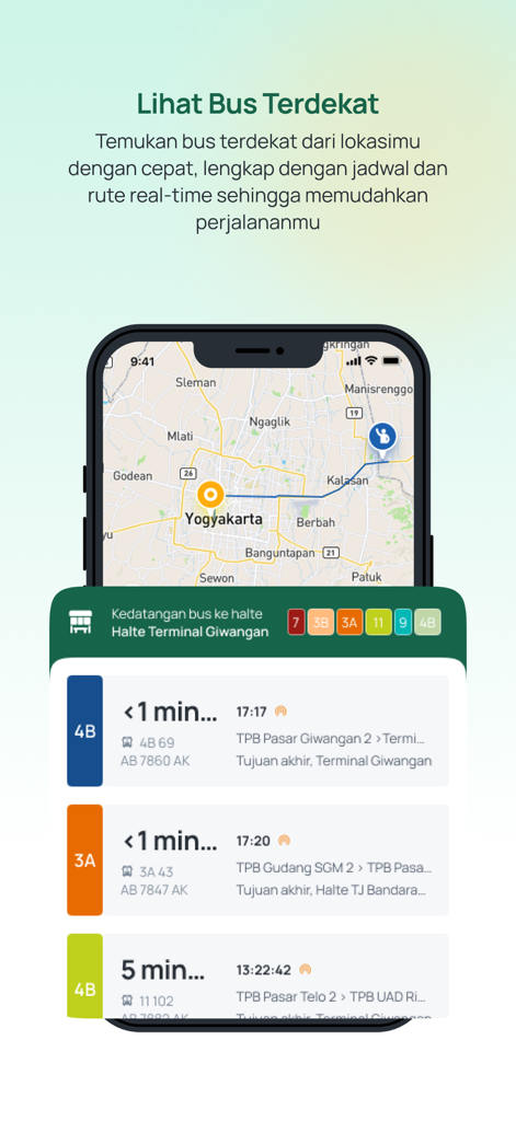 Trans Jogja - A smartphone displaying the Trans Jogja app interface with a bus route map and real time arrival times for Yogyakarta bus stops