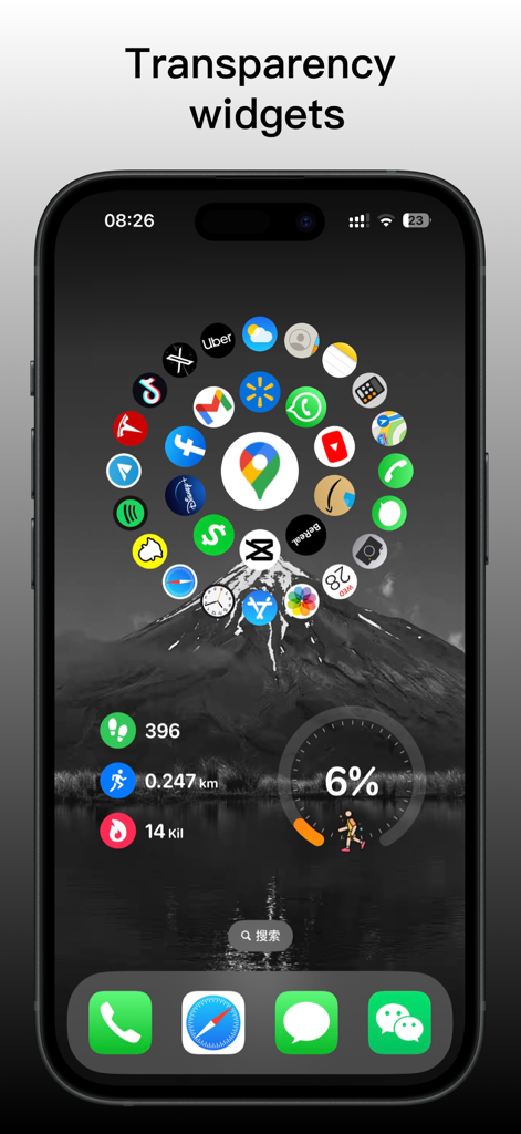 MoYo Widgets：Home/Lock Screen - Widgets transparentes de iPhone que muestran iconos de aplicaciones circulares y datos de salud sobre un fondo de montaña