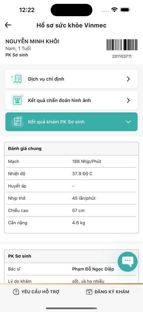 MyVinmec - MyVinmec app screen showing a childs health record and medical history