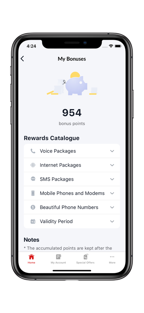 My-Viva - My-Viva app bonuses screen showing accumulated points and rewards options