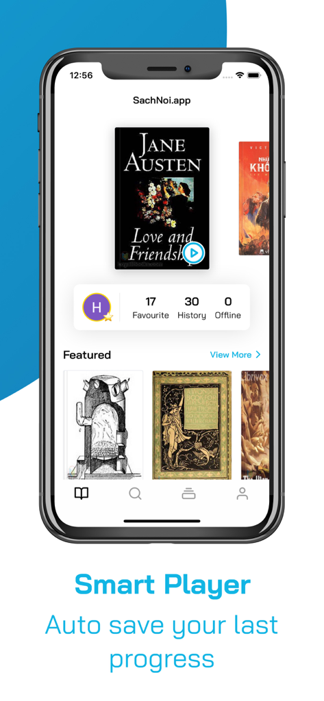 AudioAZ app interface showing featured audiobooks and the smart player auto save feature