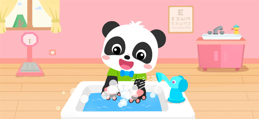 Baby Panda Kindergarten - Baby Panda washing hands with soap at kindergarten