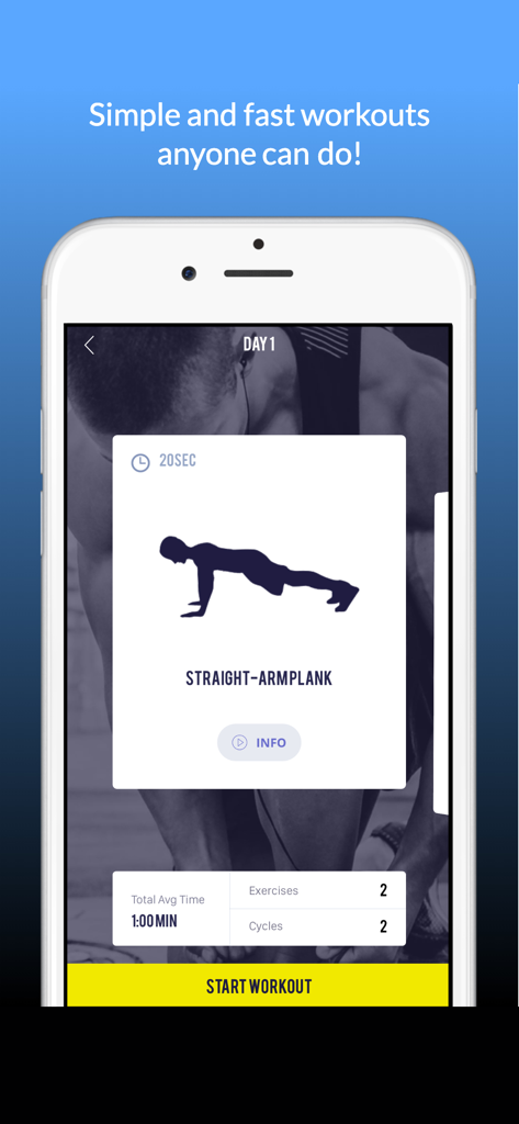 Plank - 30 Days of Challenge - プランク 30日チャレンジアプリのインターフェースを表示するスマートフォン。1日目のストレートアームプランクエクササイズが表示されています。
