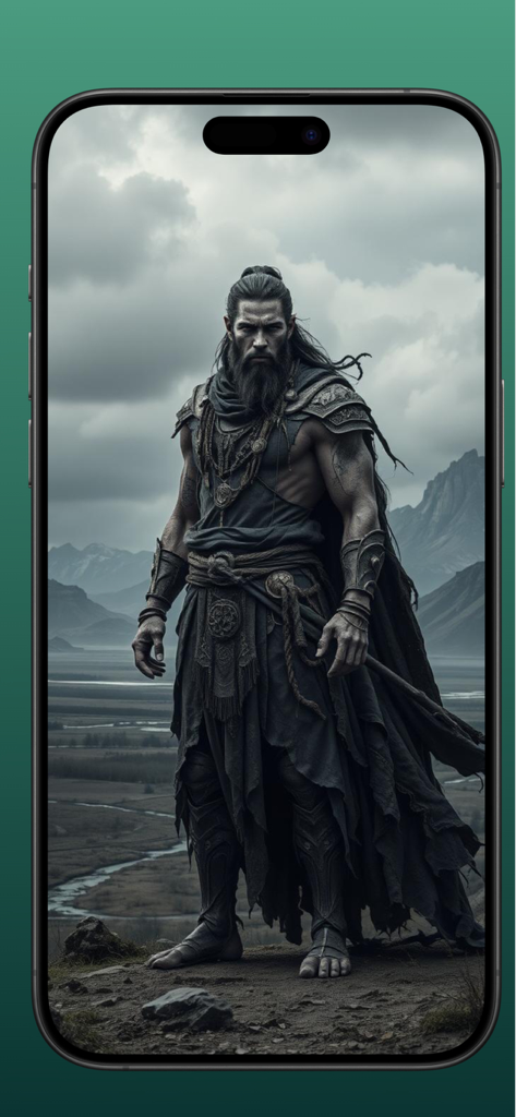 Una imagen detallada generada por IA de un guerrero de fantasía barbudo en un paisaje montañoso mostrada en una pantalla móvil.