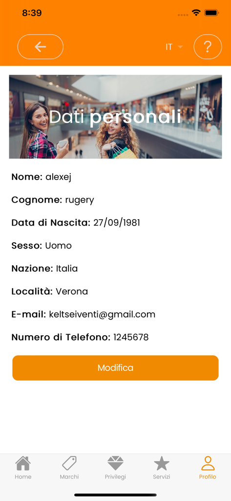 FoxPrivilege - User profile page in the FoxPrivilege loyalty app displaying personal data for luxury shopping rewards