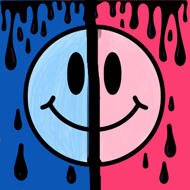 smiley face with drippy black and white background