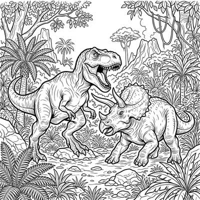 Witness a dramatic clash of prehistoric titans with our T-Rex vs. Triceratops coloring page, set amidst a vibrant jungle landscape. This thrilling scene invites you to bring the ancient world to life with your favorite colors.