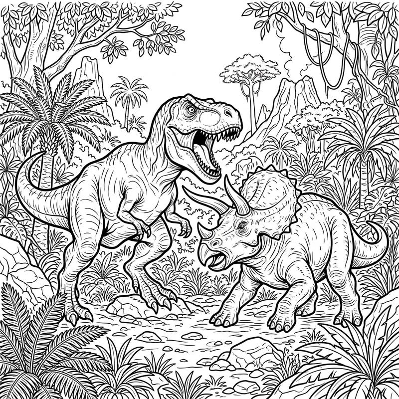 Witness a dramatic clash of prehistoric titans with our T-Rex vs. Triceratops coloring page, set amidst a vibrant jungle landscape. This thrilling scene invites you to bring the ancient world to life with your favorite colors.
