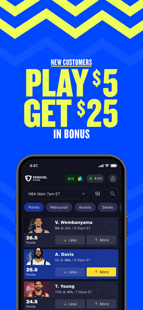 App mobile FanDuel Picks che mostra il bonus per i nuovi clienti e le previsioni sulle statistiche dei giocatori per le partite NBA