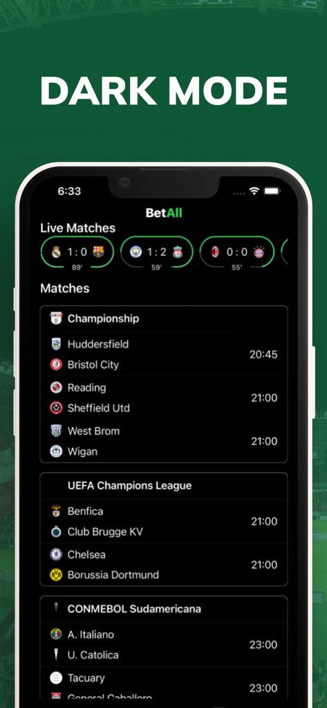 Sport Bet Tips Match - BetAll - BetAll mobile app interface showing live football scores and match schedules in dark mode