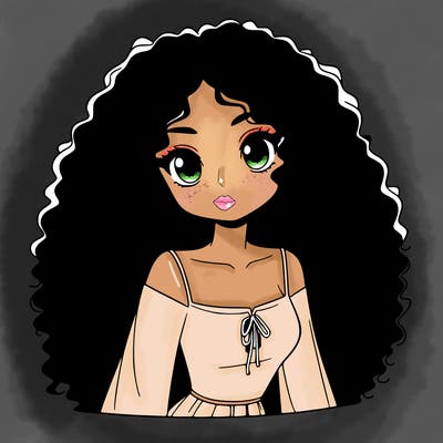 a black anime girl with long afro hair