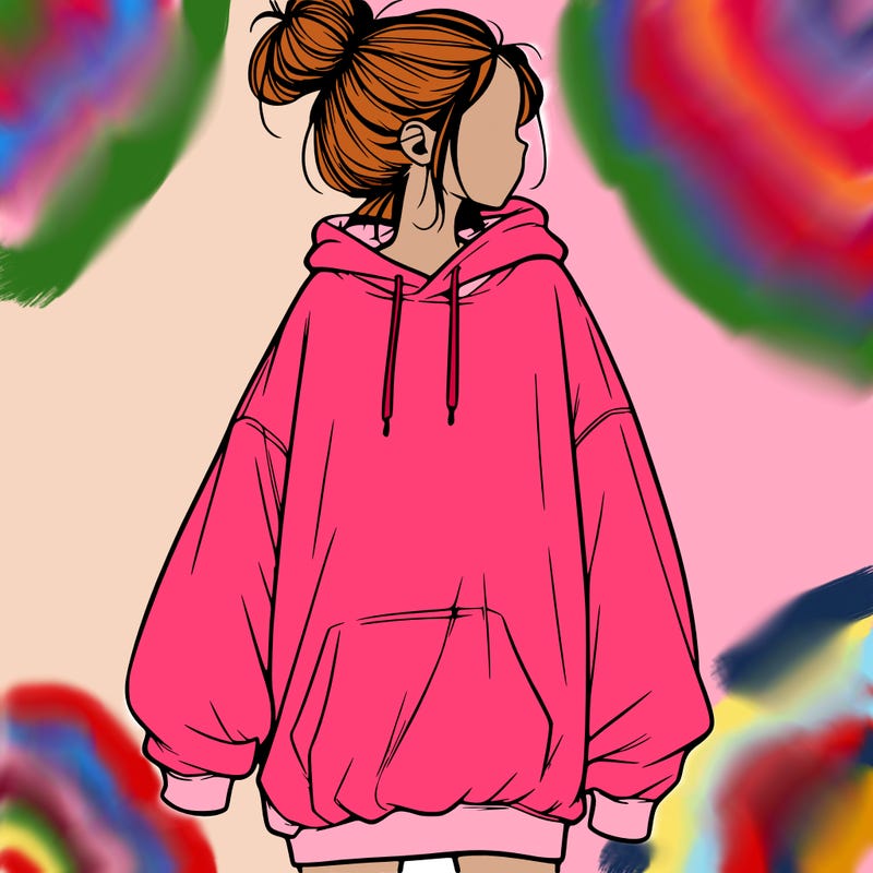 realistic girl with a oversized sweatshirt on and a bun