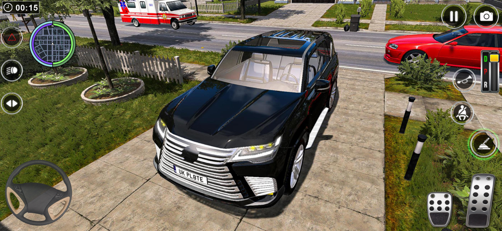 Car Driving Master: Car Games - A black luxury SUV parked in a realistic suburban neighborhood from the Car Driving Master mobile game