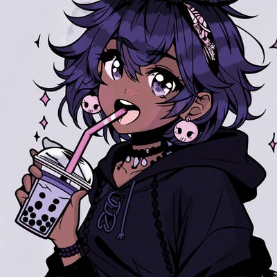 hot baddie anime girl drinking boba and biting the straw