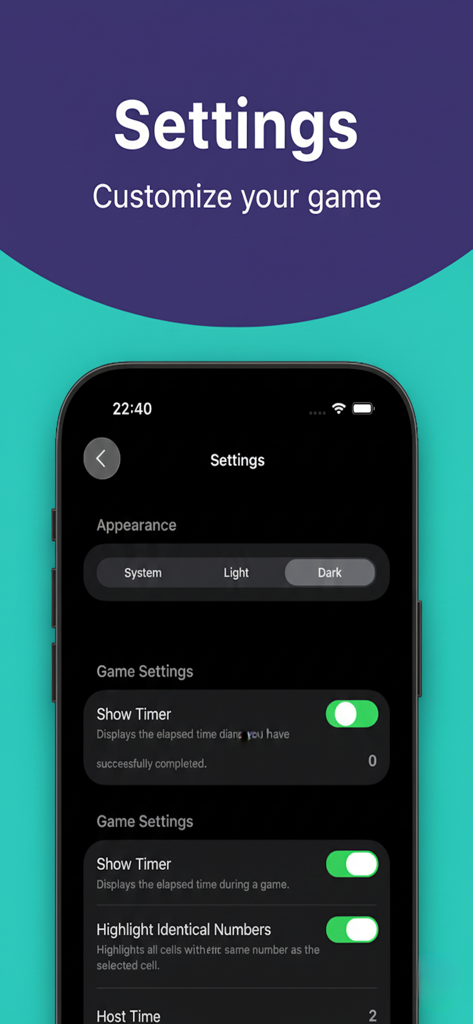 Sudoku #No ads - Sudoku No ads app settings screen showing dark mode and game customization options