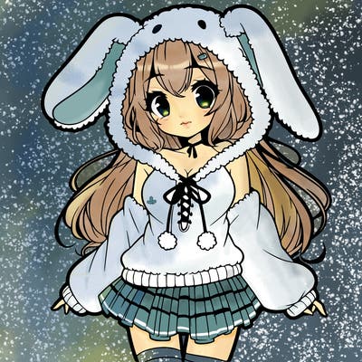 pretty anime girl wearing a fluffy hoodie with bunny ears on the hood and a skirt