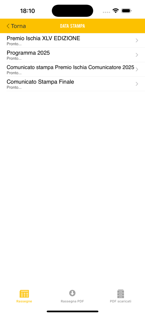 Data Stampa per Premio Ischia - Interface of the Data Stampa app displaying a list of press releases and event programs for the Premio Ischia.