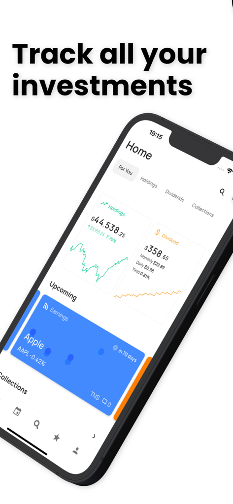 Stock Events mobile app interface displaying portfolio holdings and dividend tracking data