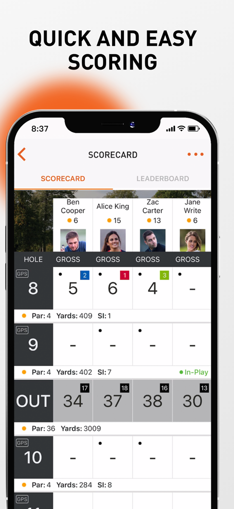 VPAR Golf GPS & Scorecard - VPAR mobile app digital scorecard showing real-time gross scores for multiple golf players