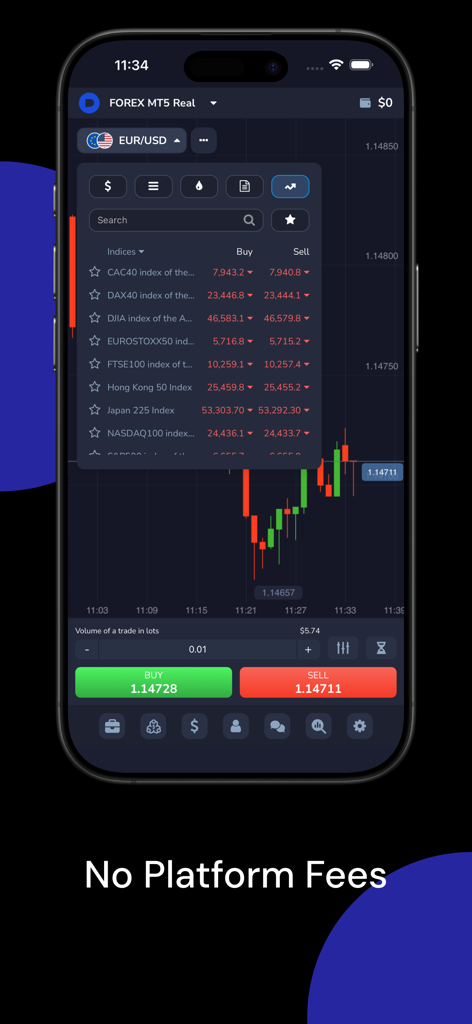 Pocket: from trader to traders - Interfaccia dell'app Pocket Broker che mostra un grafico di trading live EUR USD e un elenco di indici