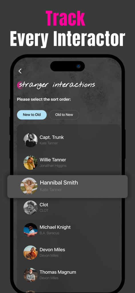 A mobile app screen showing a list of stranger interactions on an Instagram profile tracker
